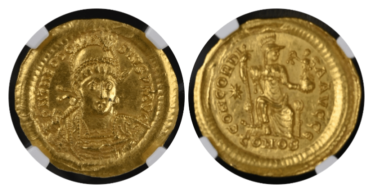 【MS★ 5/5 4/5】402年～450年 ビザンツ帝国（東ローマ帝国）テオドシウス2世 ソリダス金貨