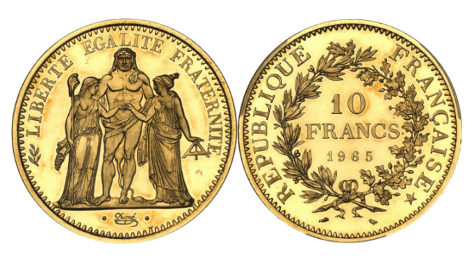 【SP68】1965年 フランス ピエフォー 10フラン 大型金貨