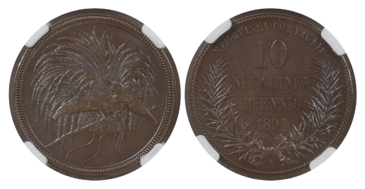 MS65 BN】1894年 ドイツ領ニューギニア 極楽鳥 10ペニヒ銅貨 | すべて