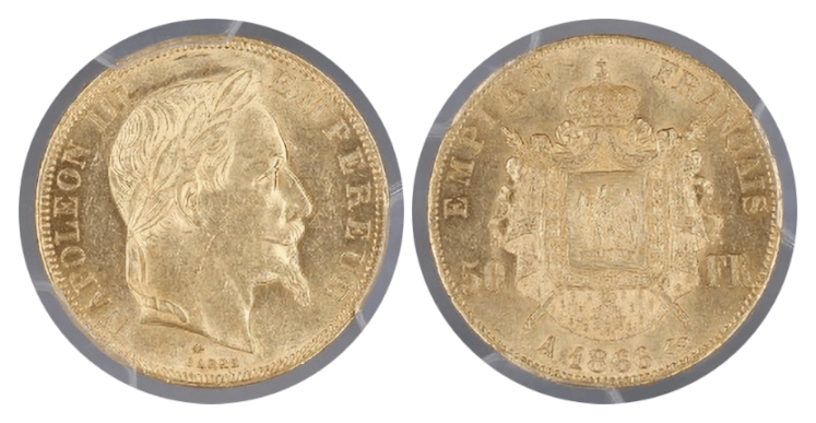 【MS62】1866年A フランス 第二帝政 ナポレオン3世 有冠 50フラン金貨