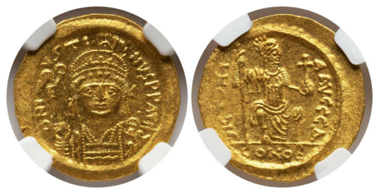 【MS 4/5 4/5 edge cut】565年～578年 ビザンツ帝国（東ローマ帝国）ユスティヌス2世  ソリダス金貨