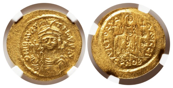 【MS 4/5 4/5】582年～602年 ビザンツ帝国（東ローマ帝国）マウリキウス・ティベリウス皇帝  ソリダス金貨