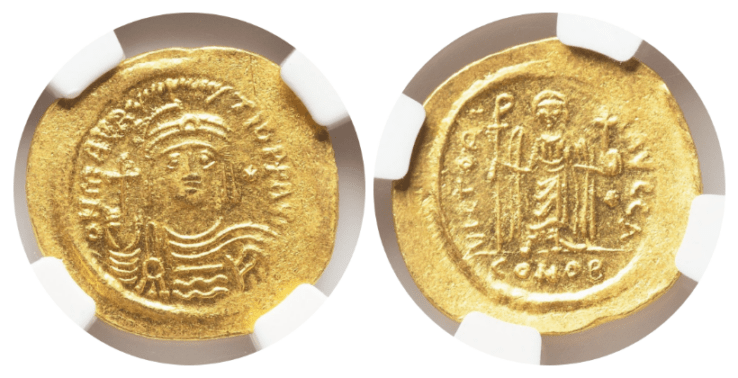 【MS 4/5 5/5】582年～602年 ビザンツ帝国（東ローマ帝国）マウリキウス・ティベリウス皇帝  ソリダス金貨