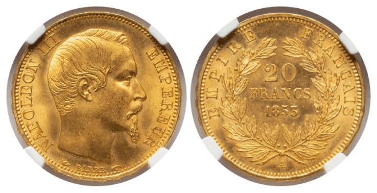 【MS66】1853年A フランス 第二帝政 ナポレオン3世 有冠 20フラン金貨