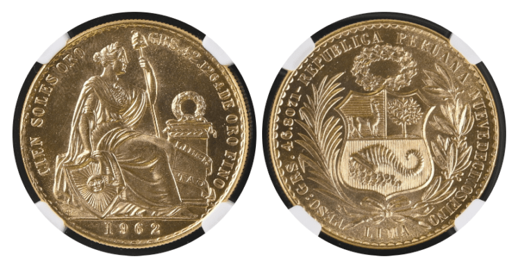 【MS63】1962年 ペルー 女神の坐像 100ソル金貨