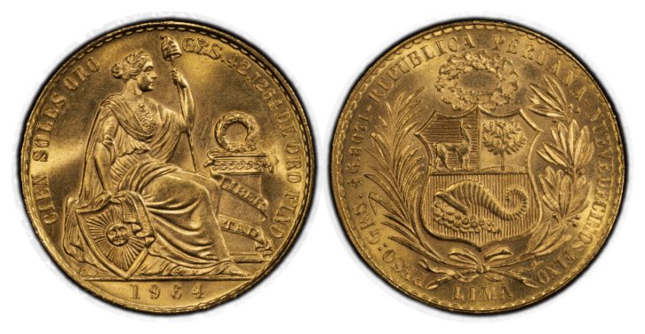 【MS66】1962年 ペルー 女神の坐像 100ソル金貨