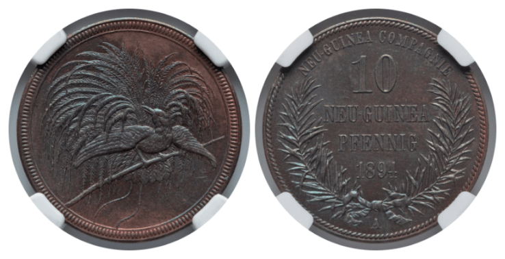 【MS63 BN】1894年 ドイツ領ニューギニア 極楽鳥 10ペニヒ銅貨