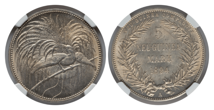 【MS65】1894年 ドイツ領ニューギニア 極楽鳥 5マルク銀貨