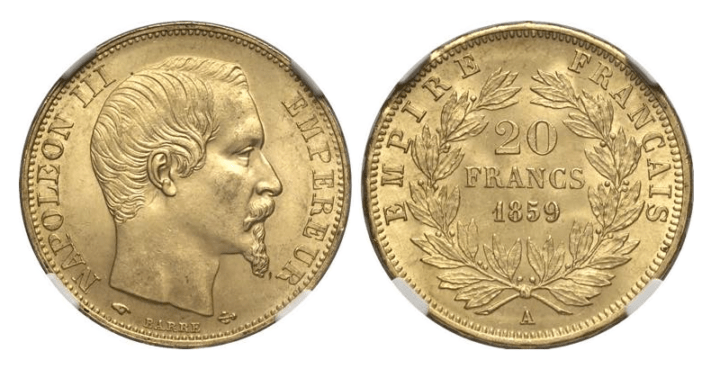 【MS65】1859年A フランス 第二帝政 ナポレオン3世 無冠 20フラン金貨