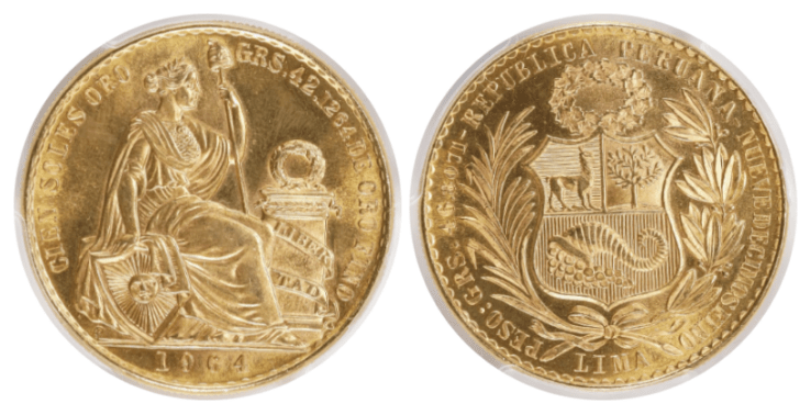 【MS65】1964年 ペルー 女神の坐像 100ソル金貨
