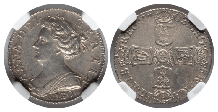 【MS61】1703年 イギリス アン女王 ヴィーゴ（VIGO） 6ペンス銀貨
