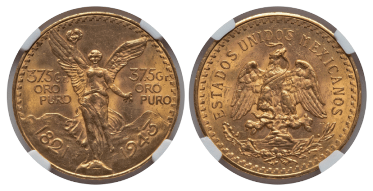 【MS63+】1943年 メキシコ 勝利の女神 50ペソ金貨