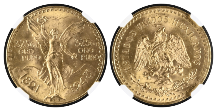 【MS63】1943年 メキシコ 勝利の女神 50ペソ金貨