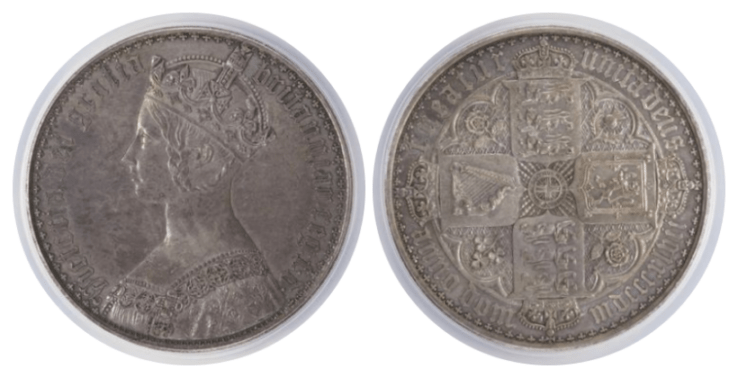 【PR62】1847年 イギリス ヴィクトリア女王 ゴシッククラウン銀貨 アンデシモエッジ