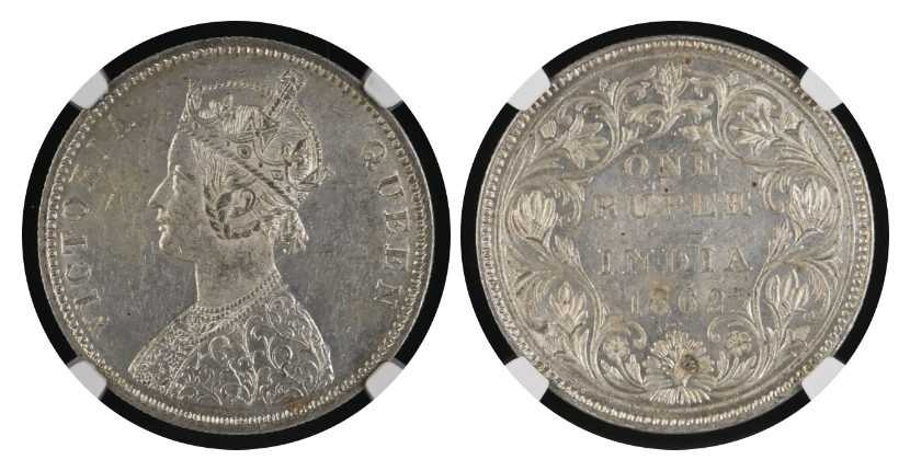 ★本物保証　英領インド ヴィクトリア女王 1ルピー銀貨 1862年号 MS62】1876年 イギリス領インド ヴィクトリア女王 1ルピー銀貨