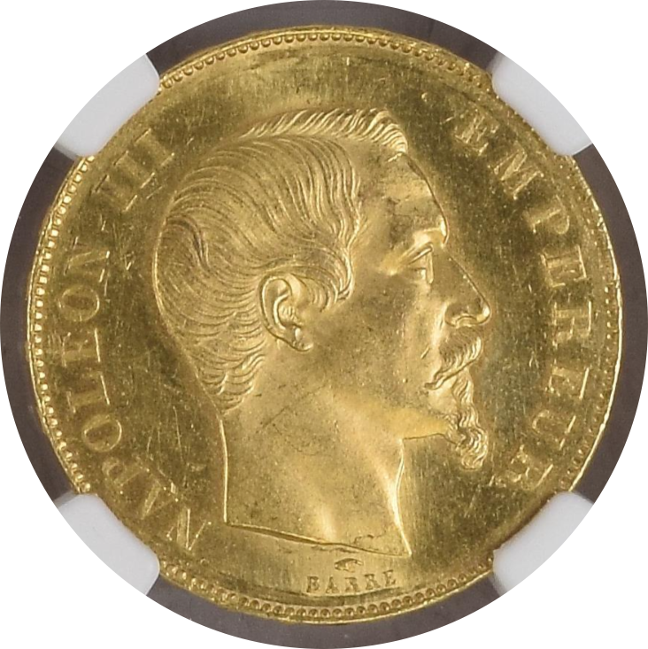 MS63☆】1855年 フランス第2帝政 ナポレオン3世 無冠 50フラン金貨