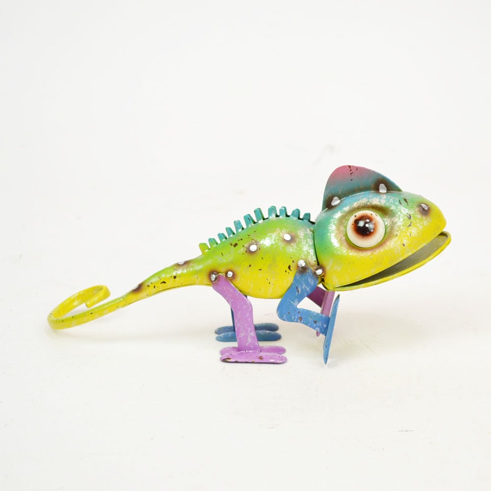 カラフルブリキ カメレオン イエロー グリーン 置物 飾り