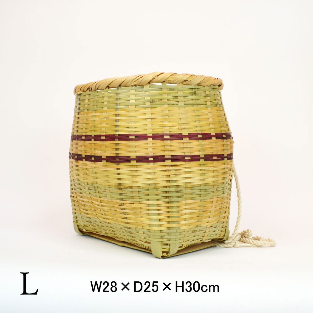 竹の収穫かご 青竹 腰籠 横縞 茶 L 山菜採り 農具 竹籠