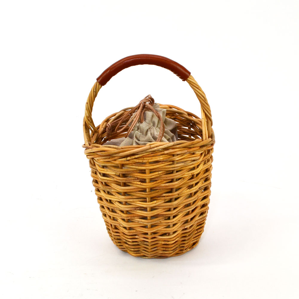 【美品】セントクリストファー　かごバッグ　レザー　ワンハンドル　巾着　こげ茶色 アラログ レザー ワンハンドルバッグ 巾着付き かごバッグ