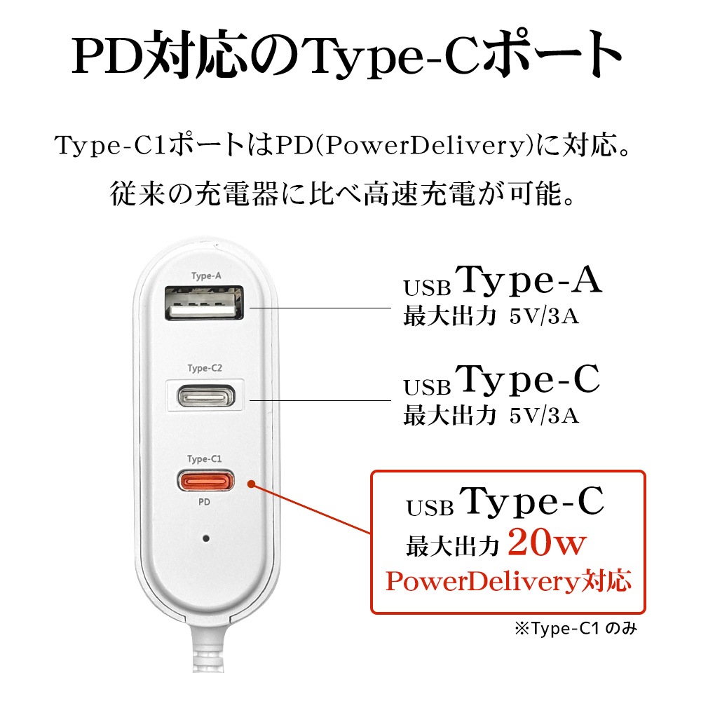 ���Ŵ� AC�����ץ��� AC���Ŵ� �����֥� 1.2m 120cm PD ������C ������A �ѥ�ǥ�Х꡼ 20��å�USB Type-C Type-A 20W Power Delivery 3��Ʊ������ 3�ݡ��� �ۥ磻�� R12AC2CA20W01WH �饹���Хʥ�