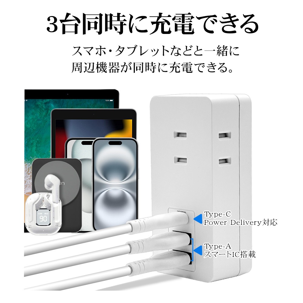 ���Ŵ� AC�����ץ��� AC���Ŵ�  USB�ݡ��� ������C USB Type-C PD �ѥ�ǥ�Х꡼ Power Delivery 20��å� 3���󥻥�� ������A USB Type-A 2�ĸ� 15W �ۥ磻�� iPhone Android R3ACC2A20W01WH �饹���Хʥ�