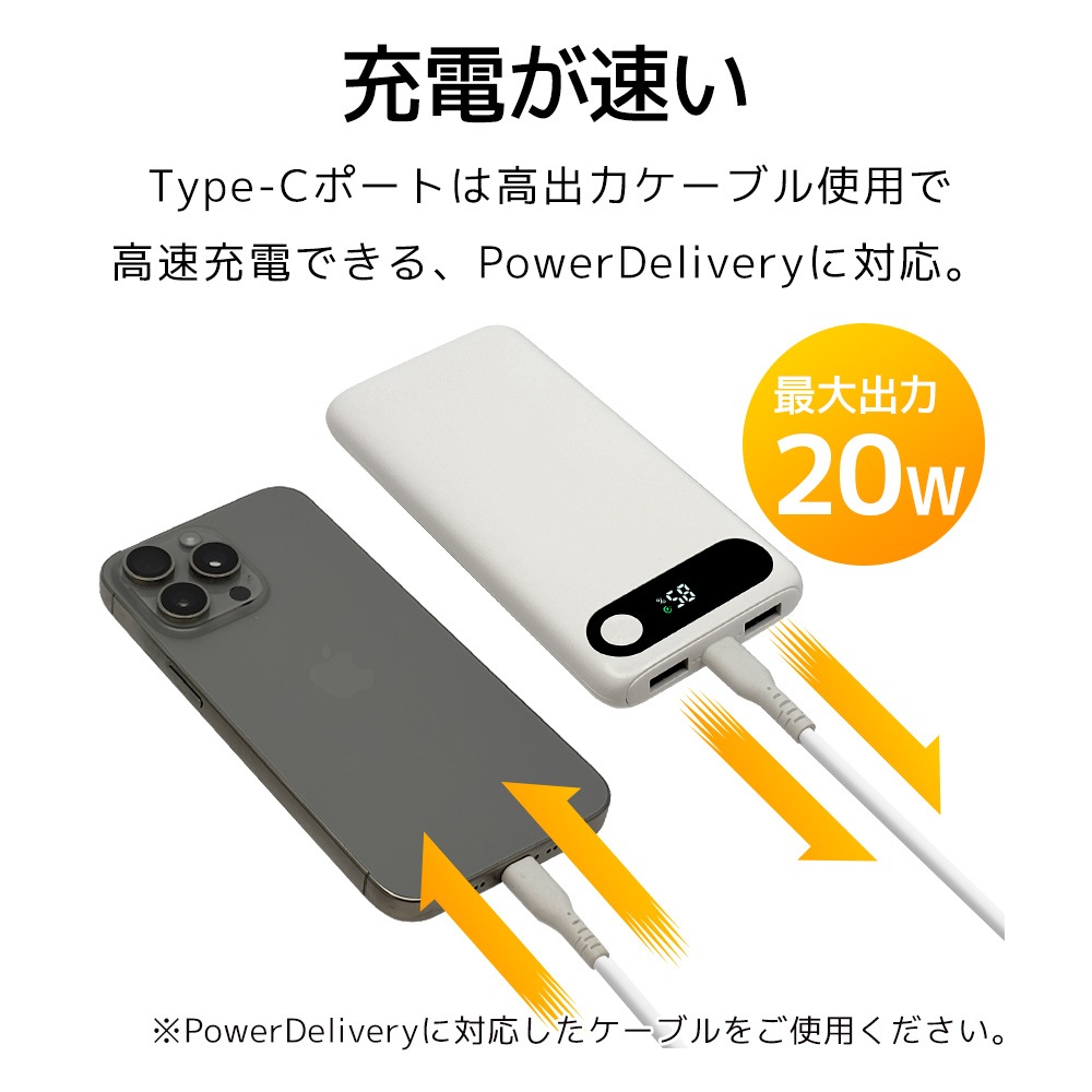 BY ��Х���Хåƥ꡼ 10000mAh 3�ݡ��� ������C 20��å� ������A 15��å� USB Type-C PD PowerDelivery 20W Type-A 15W  ���ӻ��̥ǥ����ץ쥤 ������ ���㥳���륰�졼 iPhone R-LI100C20W02WH �饹���Хʥ�