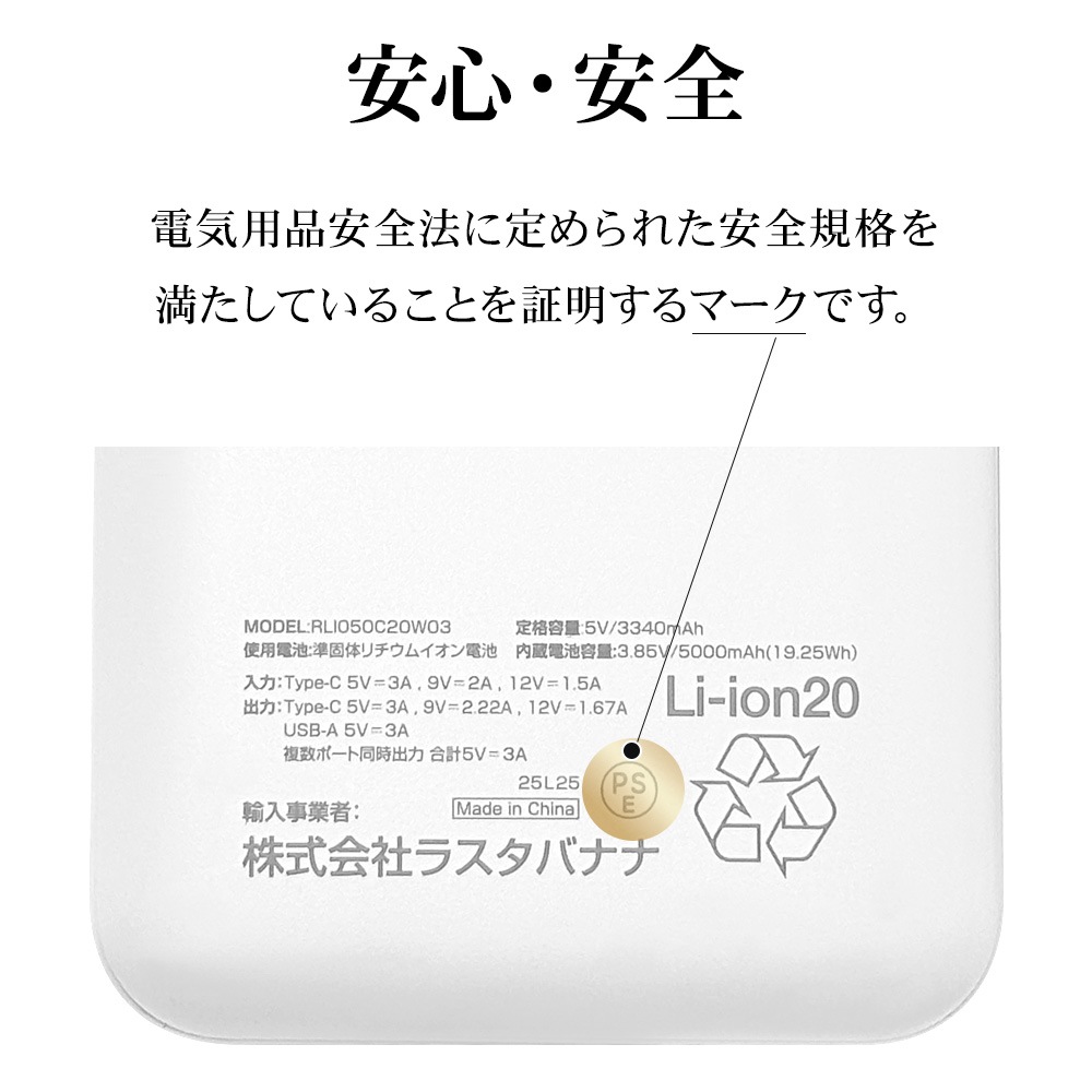 Ĺ��̿ ���� Ⱦ�������� ��������� ��Х���Хåƥ꡼ 5000mAh 2�ݡ��� ������C 20��å� ������A 3����ڥ� USB Type-C 20W Type-A 3A PD Power Delivery ���㥳���륰�졼 iPhone ���ޥ� iPad RLI050C20W03CGRY �饹���Хʥ�