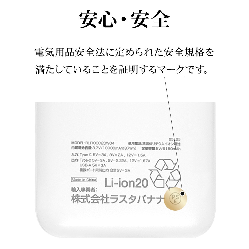 Ĺ��̿ ���� Ⱦ�������� ��������� ��Х���Хåƥ꡼ 10000mAh 3�ݡ��� ������C 20��å� ������A 3����ڥ� Type-C 20W Type-A 3A PD Power Delivery �ۥ磻�� iPhone ���ޥ� iPad RLI100C20W04WH �饹���Хʥ�
