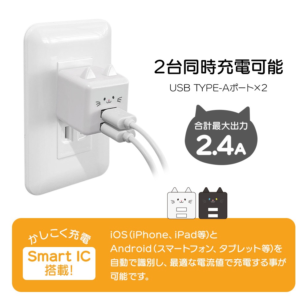 ��Фˤ㡼 ���Ŵ� AC�����ץ��� USB���Ŵ� ǭ�� ����ѥ��ȥ����� 2�ݡ��� 2.4A 5V ������A �ͥ��ߥ� �ͤ��ߤ� ���� ��Х˥㡼 ������ RAC2A2A02KSR �饹���Хʥ�