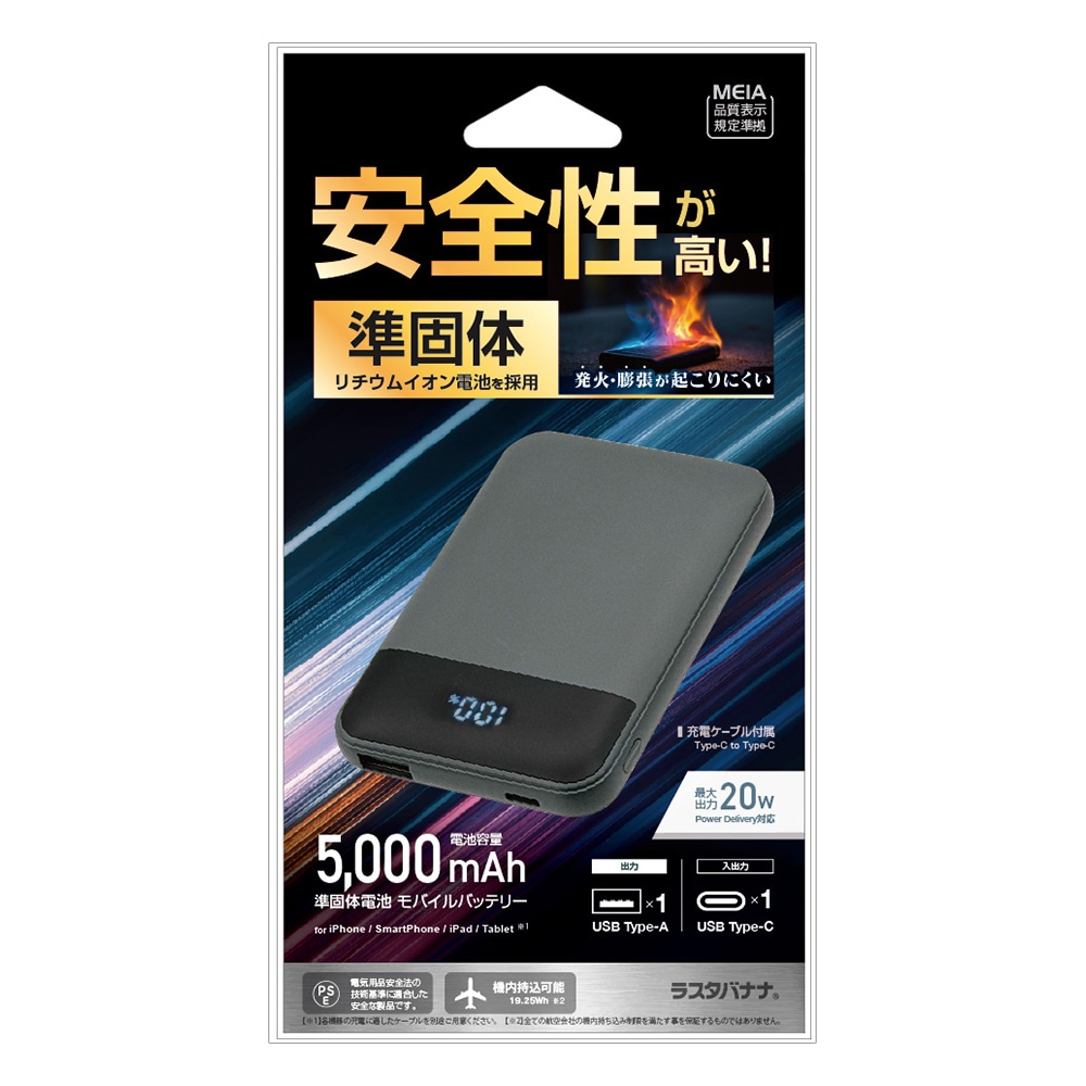 Ĺ��̿ ���� ��������� Ⱦ�������� ����� Ⱦ���� ��Х���Хåƥ꡼ 5000mAh 2�ݡ��� ������C 20��å� ������A 3����ڥ� USB Type-C 20W Type-A 3A PD Power Delivery ���㥳���륰�졼 iPhone ���ޥ� iPad RLI050C20W05CGRY �饹���Хʥ�