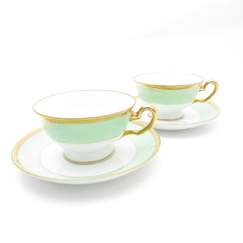 美品 OKURA 大倉陶園 1595 メイグリーン カップ＆ソーサー 2客 ペア 碗皿 ティー コーヒー 金彩 SU8962H2 【中古】