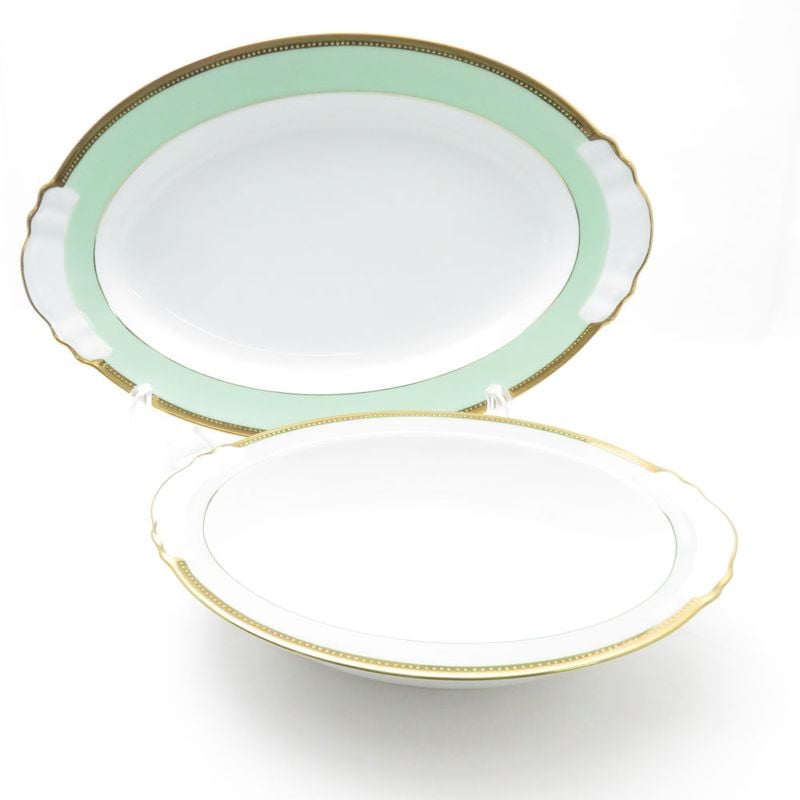美品 OKURA 大倉陶園 1595 メイグリーン オーバル皿 2枚 セット 27cmプレート 37cmプラター 大皿 金 SU8969H2 【中古】