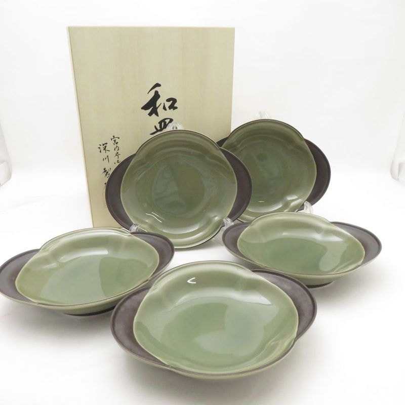美品 Fukagawa Seiji 深川製磁 百年庵 茶灰釉 和皿揃 皿 5枚 プレートセット 有田焼 和食器 SU13038C2 【中古】
