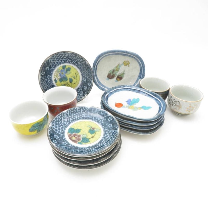 美品 久谷 小皿 お猪口 14点 セット 10cmプレート 豆皿 和食器 おちょこ SM4627K2 【中古】