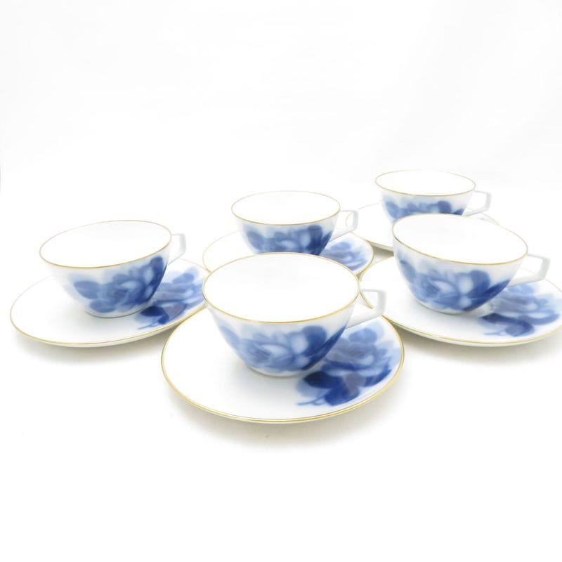 美品 OKURA 大倉陶園 ブルーローズ カップ＆ソーサー 5客 セット ティー コーヒー 金彩 青薔薇 バラ SU13631R1 【中古】