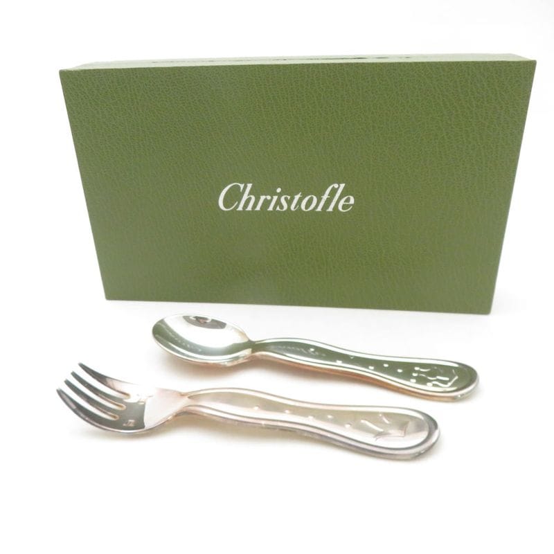 美品 Christofle クリストフル ベビー カトラリー 2点 シルバーメッキ セット スプーン フォーク 王冠 SC10499L1 【中古】