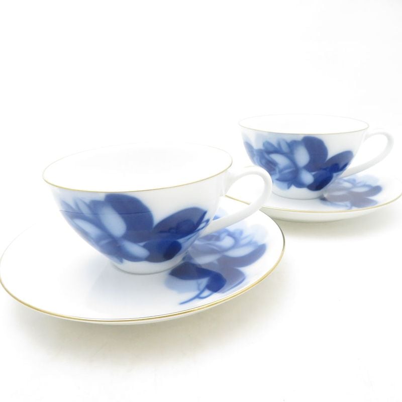 美品 OKURA 大倉陶園 ブルーローズ 8211 カップ＆ソーサー 2客 ペア ティー コーヒー 碗皿 金彩 青薔薇 SU13713K1 【中古】