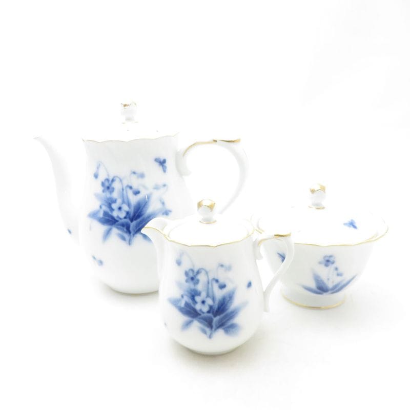 OKURA 大倉陶園 ブルーバイオレット ポット クリーマー シュガーポット 3点 セット 茶器 珈琲 砂糖 クリーム ミルク 花 SU13804X1 【中古】
