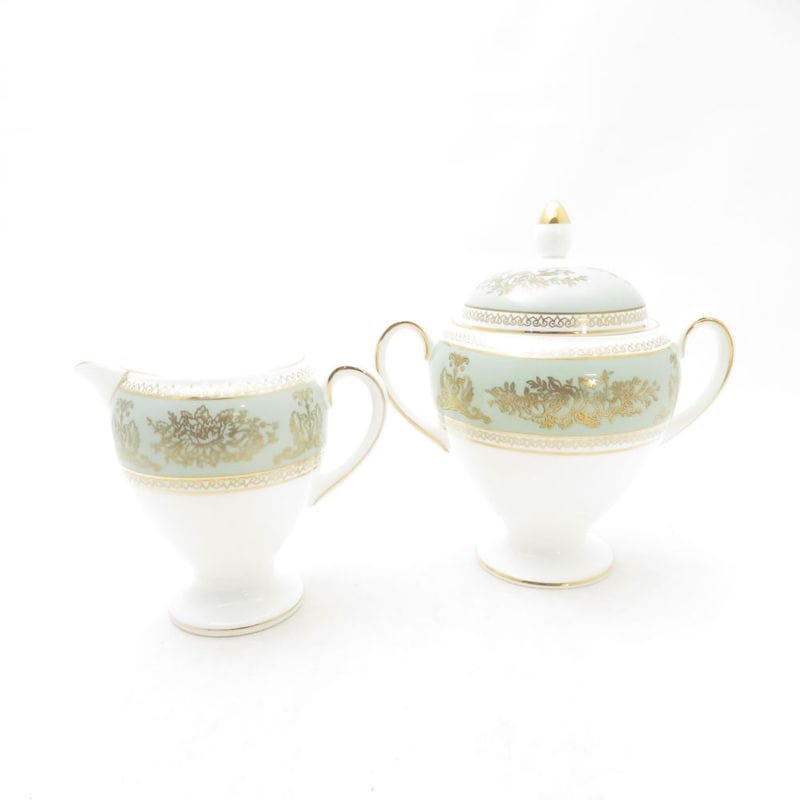 美品 WEDGWOOD ウェッジウッド コロンビア セージグリーン シュガーポット クリーマー 2点 セット 砂糖 クリーム ミルク 黒壺 英国 SU14036T1 【中古】