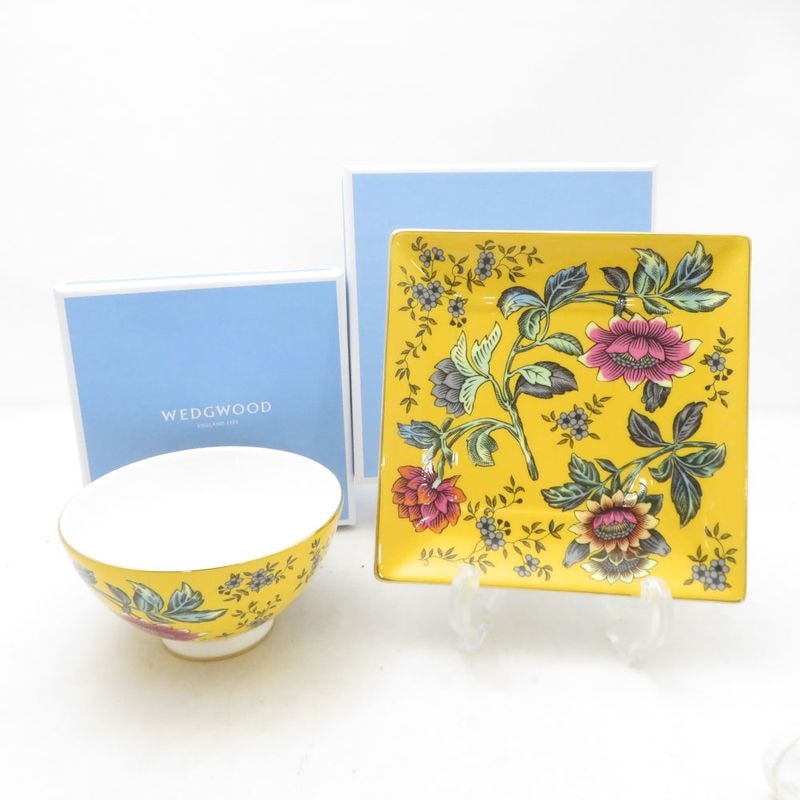 未使用 WEDGWOOD ウェッジウッド ワンダーラスト イエロートンキン スモールボウル スクエアトレイ 2点 ボウル11×6 トレイ14.5×2 セット 14cmプレート 小皿 SM5311C2 【中古】