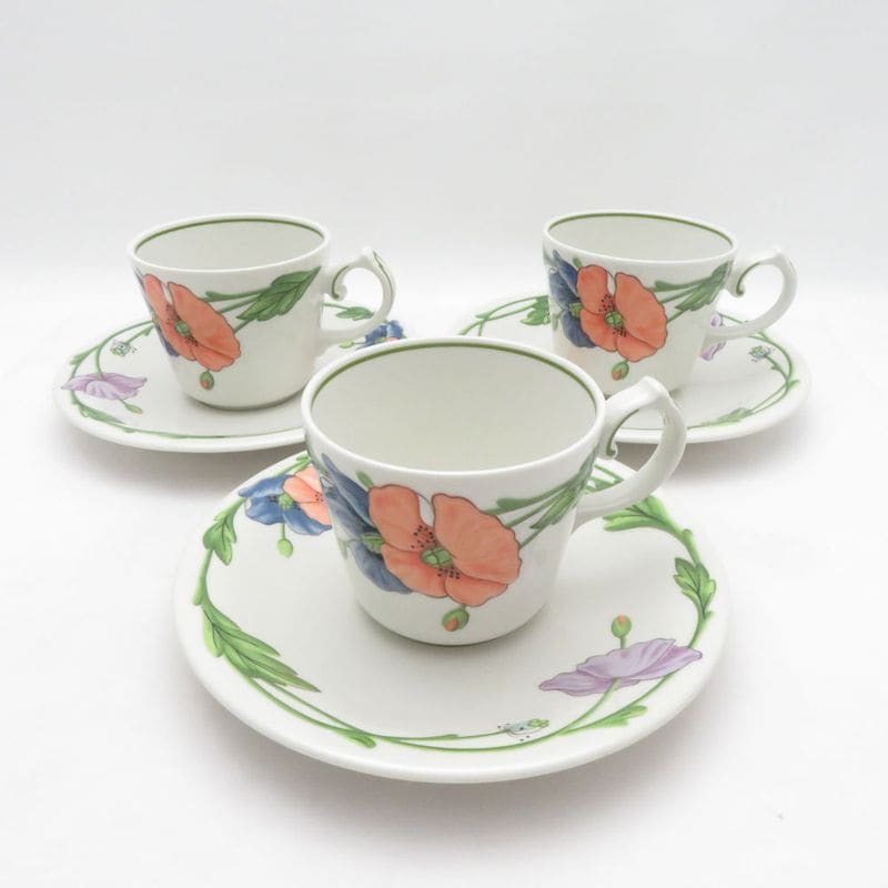 Villeroy&Boch ビレロイ＆ボッホ Amapola アマポーラ カップ＆ソーサー 3客 セット ティー コーヒー 花 廃盤 希少 レア SU14154B4 【中古】