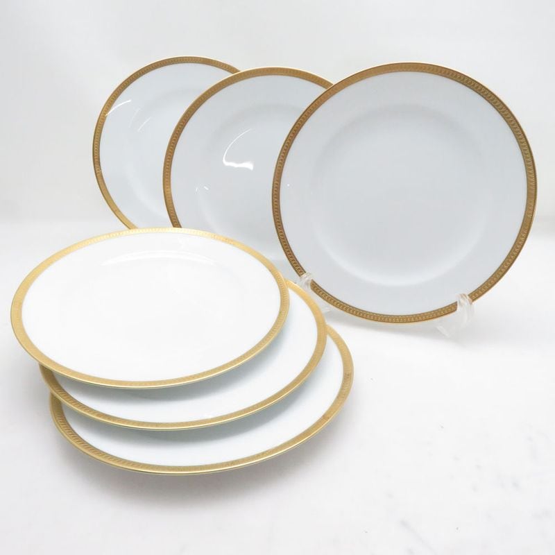 美品 OKURA 大倉陶園 片葉金蝕 中皿 6枚 セット 20cmプレート デザート 金彩 SU14411U1 【中古】