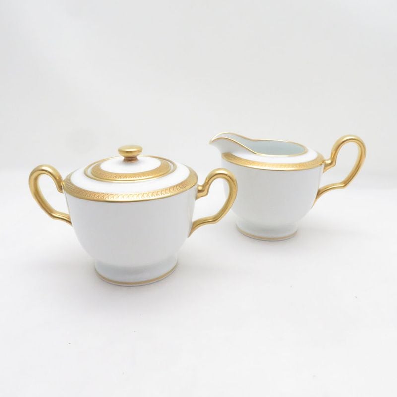 美品 OKURA 大倉陶園 片葉金蝕 シュガーポット クリーマー 2点 セット 砂糖 クリーム ミルク 金彩 SU14412U1 【中古】