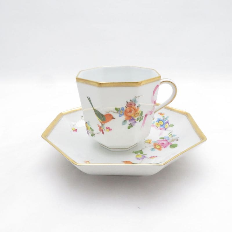 美品 Herend ヘレンド 地中海の庭 JM 4304 オクタゴナルカップ＆ソーサー コーヒー 八角 シノワズリ 鳥 花 金 リボン SU14451C1 【中古】