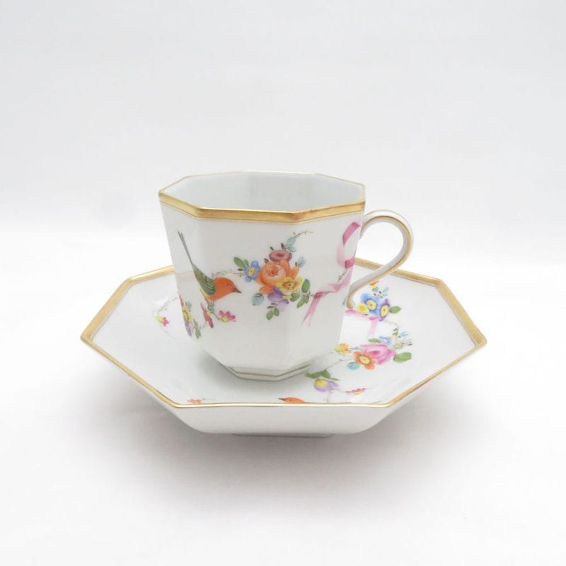 美品 Herend ヘレンド 地中海の庭 JM 4304 オクタゴナルカップ＆ソーサー コーヒー 八角 シノワズリ 鳥 花 金 リボン SU14452C1 【中古】