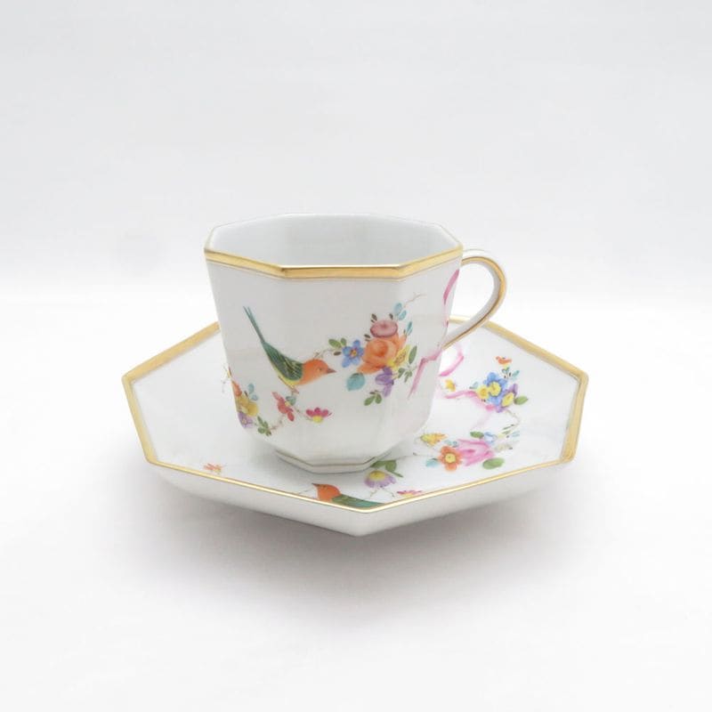 美品 Herend ヘレンド 地中海の庭 JM 4304 オクタゴナルカップ＆ソーサー コーヒー 八角 シノワズリ 鳥 花 金 リボン SU14453C1 【中古】