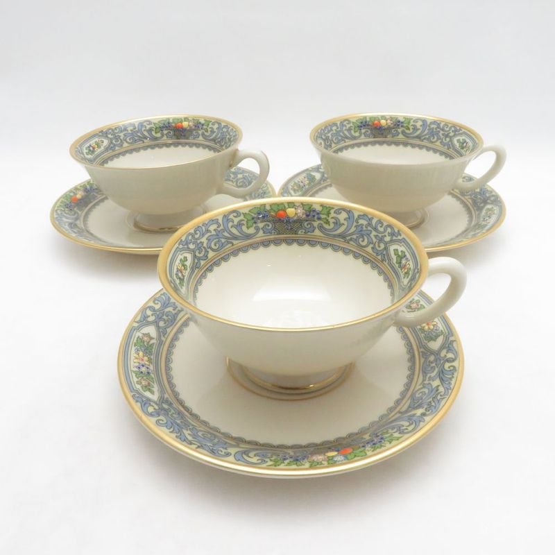 美品 LENOX レノックス AUTUMN オータム ティーカップ＆ソーサー 3客 セット 紅茶 フルーツ柄 金彩 USA アメリカ SU14378B2 【中古】