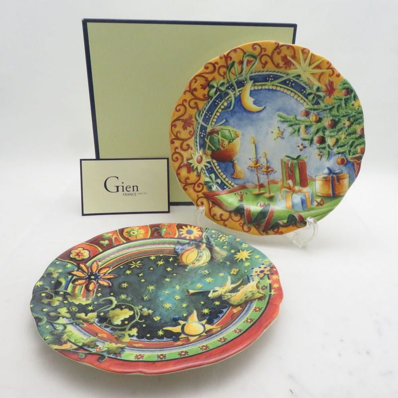 美品 Gien ジアン 1995/1996 イヤープレート 2枚 セット 飾り皿 クリスマス フランス SU14707E1 【中古】