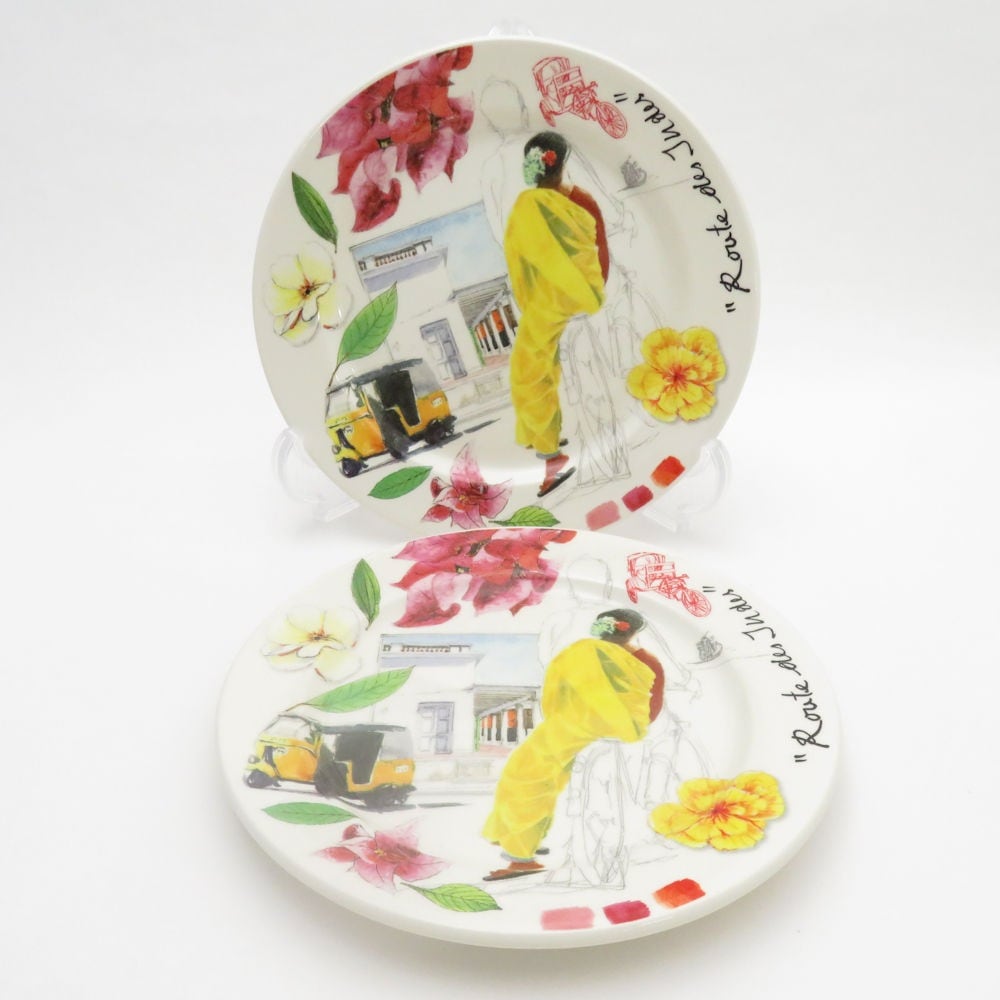 美品 Gien ジアン Route des Indes インドへの道 小皿 2枚 ペア 13cmプレート コースター 陶器 風景 SU7473J 【中古】