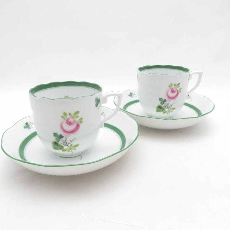 美品 Herend ヘレンド ウィーンの薔薇 VRH 707 モカカップ＆ソーサー 2客 ペア コーヒー ローズ バラ SU14323V2 【中古】